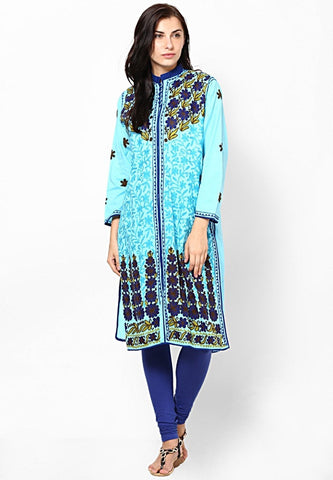 Women Lucknow Chikan Georgette Blue Kurti
