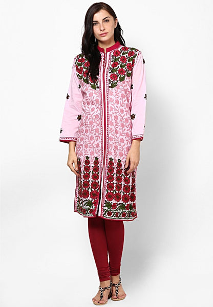 Women Lucknow Chikan Georgette Pink Kurti