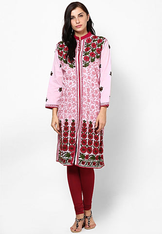 Women Lucknow Chikan Georgette Pink Kurti