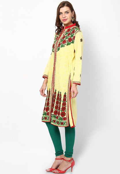 Women Lucknow Chikan Georgette Yellow Kurti