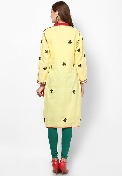 Women Lucknow Chikan Georgette Yellow Kurti