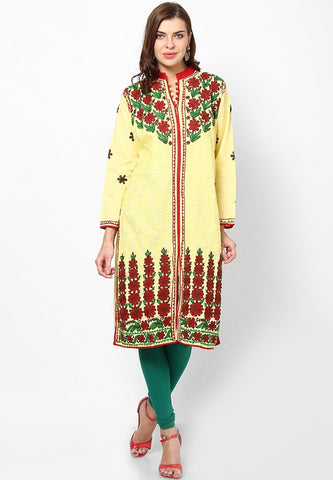 Women Lucknow Chikan Georgette Yellow Kurti