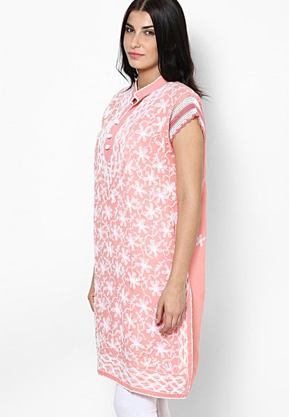Women Lucknow Chikan Georgette Pink Kurti