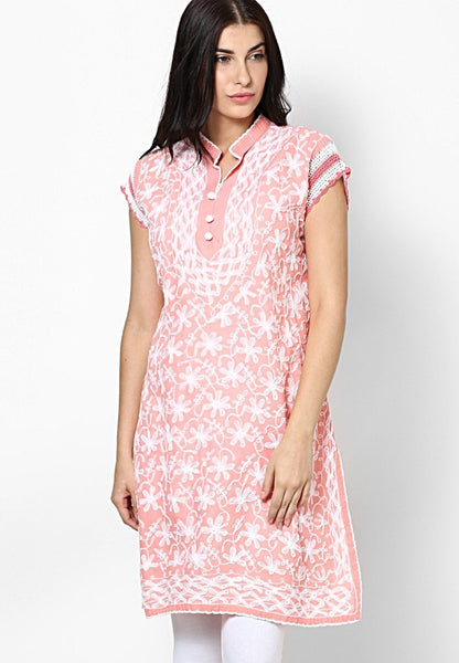 Women Lucknow Chikan Georgette Pink Kurti