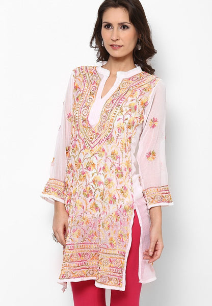 Women Lucknow Chikan Georgette White Kurti