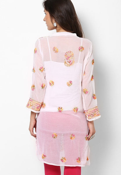 Women Lucknow Chikan Georgette White Kurti