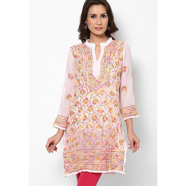 Women Lucknow Chikan Georgette White Kurti