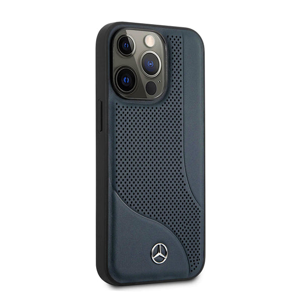 Mercedes-Benz Leather With Perforated Area & Embossed Lines Case for iPhone 14 Series - Black & Navy Blue