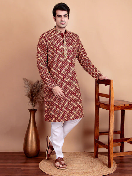 Regal Green & Yellow Thread  Embroidered Kurta with White Pajama for Festive Wear