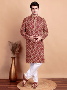 Regal Green & Yellow Thread  Embroidered Kurta with White Pajama for Festive Wear