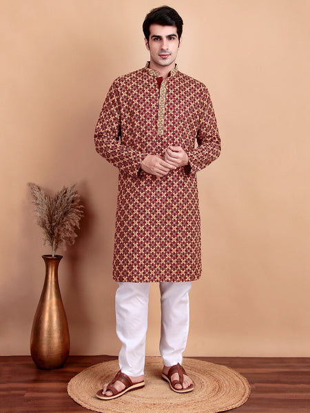 Regal Green & Yellow Thread  Embroidered Kurta with White Pajama for Festive Wear