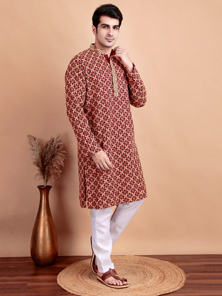 Regal Green & Yellow Thread  Embroidered Kurta with White Pajama for Festive Wear