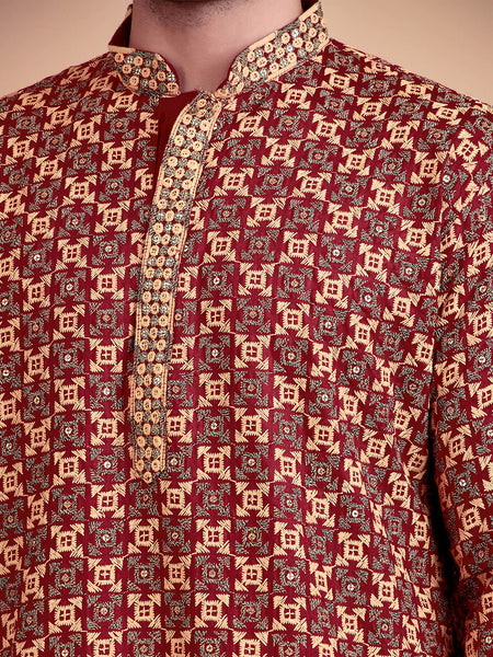 Regal Green & Yellow Thread  Embroidered Kurta with White Pajama for Festive Wear