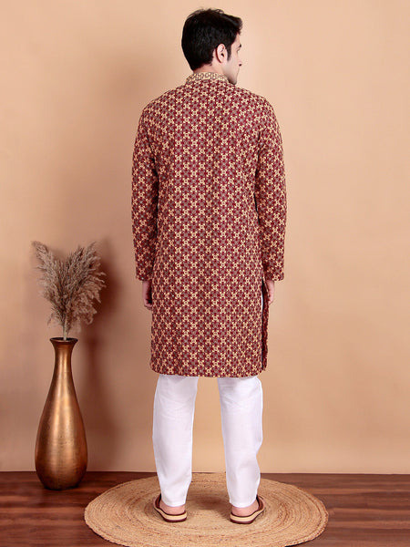 Regal Green & Yellow Thread  Embroidered Kurta with White Pajama for Festive Wear