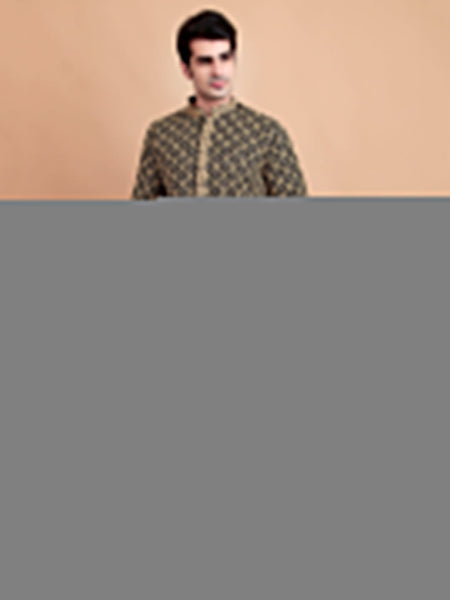 Elegant Black Kurta Pyjama Set with Yellow Thread Embroidered Geometric Pattern & Embellished Neckline