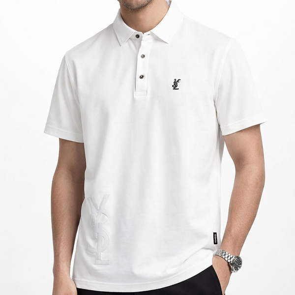 
Braneded White Polo T-Shirt with Embroidered Logo – Men's Luxury Short Sleeve Pique Polo