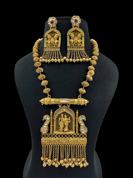 Regal Temple Gold-Plated Long Necklace Set with Goddess Motif & Jhumka Earrings