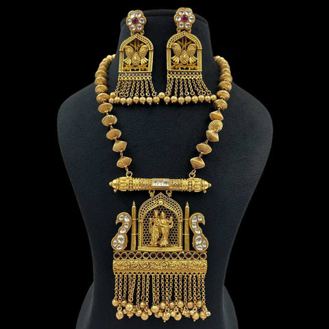 Regal Temple Gold-Plated Long Necklace Set with Goddess Motif & Jhumka Earrings