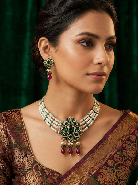 Royal Pearl & Emerald Stone Choker Necklace Set for Women