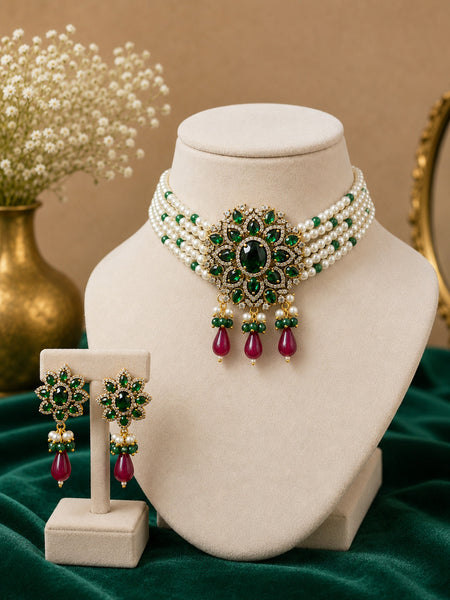 Royal Pearl & Emerald Stone Choker Necklace Set for Women