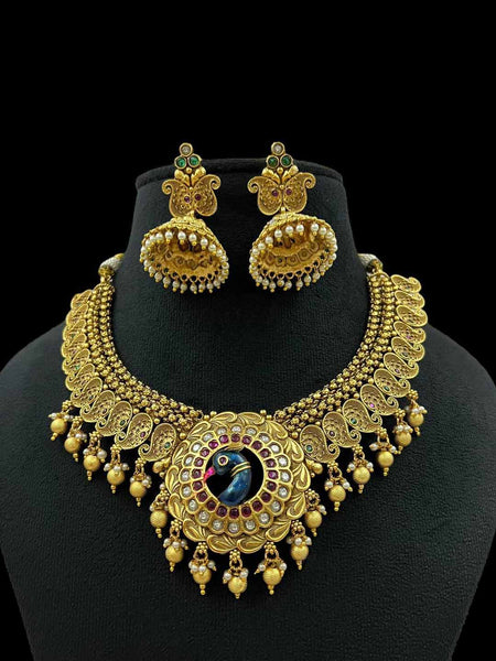 Rajawadi Necklace Peacock Antique Gold Platin Necklace with Jhumka Earrings