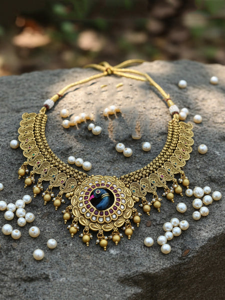 Rajawadi Necklace Peacock Antique Gold Platin Necklace with Jhumka Earrings