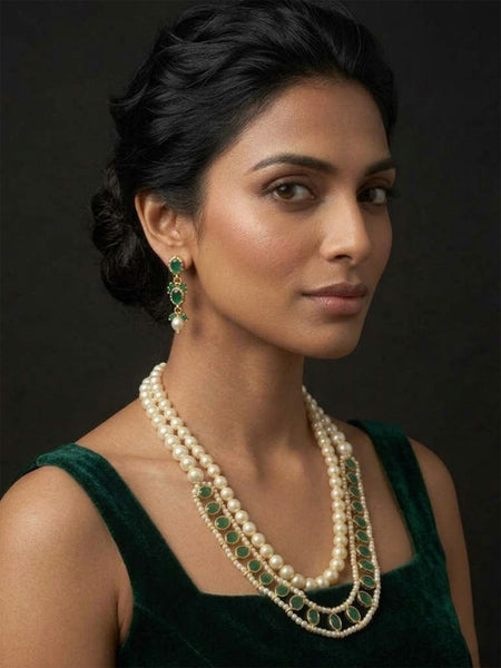 Royal Green Kundan & Pearl Layered Necklace Set