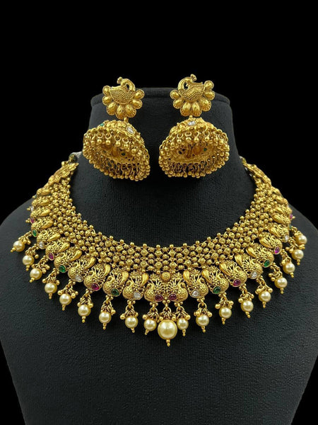 Rajawadi Necklace Traditional Antique Gold Platin  Peacock Necklace