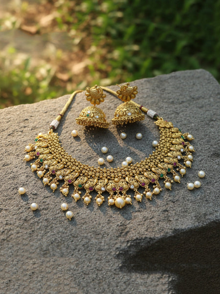 Rajawadi Necklace Traditional Antique Gold Platin  Peacock Necklace