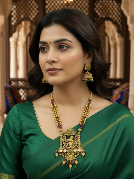 Antique Temple Onyx Beeding  Dancing Goddess Gold Plating & Jhumka Earrings