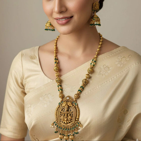 Handcrafted Antique Lakshmi Temple Necklace with Emerald Bead Strings
