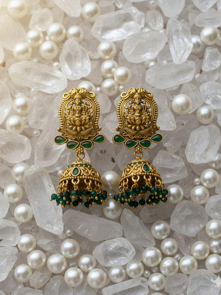 Handcrafted Antique Lakshmi Temple Necklace with Emerald Bead Strings