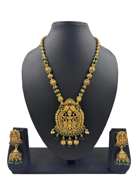 Handcrafted Antique Lakshmi Temple Necklace with Emerald Bead Strings