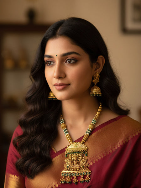 Handcrafted Onyx Beaded Gold-Plated Temple Necklace