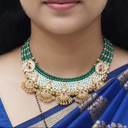 Handcrafted Rajwadi Necklace Pearl–Emerald Temple Choker with Ruby Accents