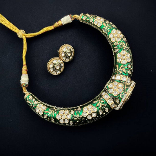 Elegant Golden Polish Traditional Meenakari Kundan Jadau Polki Hasli, Necklace with Earrings Set