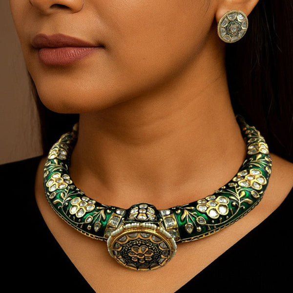 Elegant Golden Polish Traditional Meenakari Kundan Jadau Polki Hasli, Necklace with Earrings Set