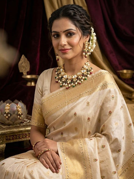 Traditional Faux Polki Brass Necklace Set with Shell Pearls & Onyx Beads