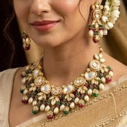 Traditional Faux Polki Brass Necklace Set with Shell Pearls & Onyx Beads