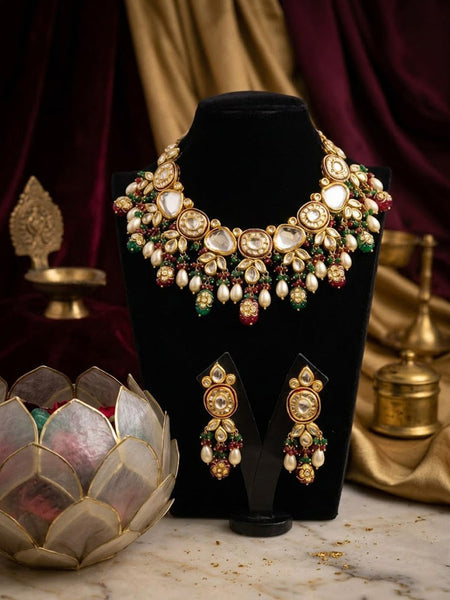 Traditional Faux Polki Brass Necklace Set with Shell Pearls & Onyx Beads