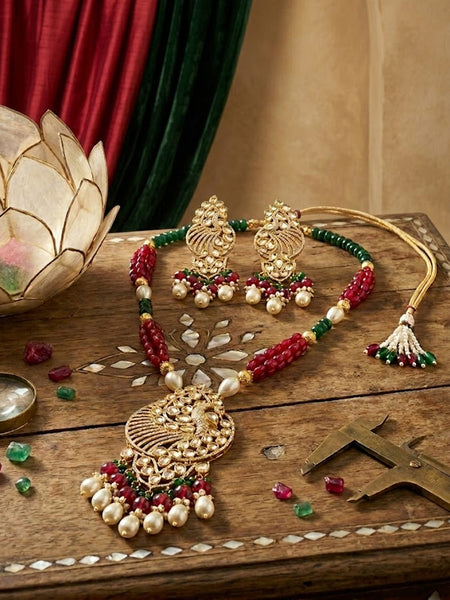 Elegant Peacock Design Brass Necklace Set with American Diamonds, Shell Pearls & Onyx