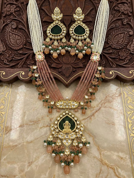 Royal Ganesha AD Polki Long Necklace Set with Shell Pearls & Onyx  Brass Temple Jewelry