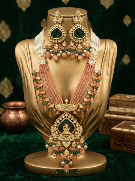 Royal Ganesha AD Polki Long Necklace Set with Shell Pearls & Onyx  Brass Temple Jewelry