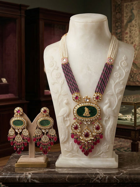 Royal Ganesha AD Polki Pendant Necklace Set with Shell Pearls & Onyx