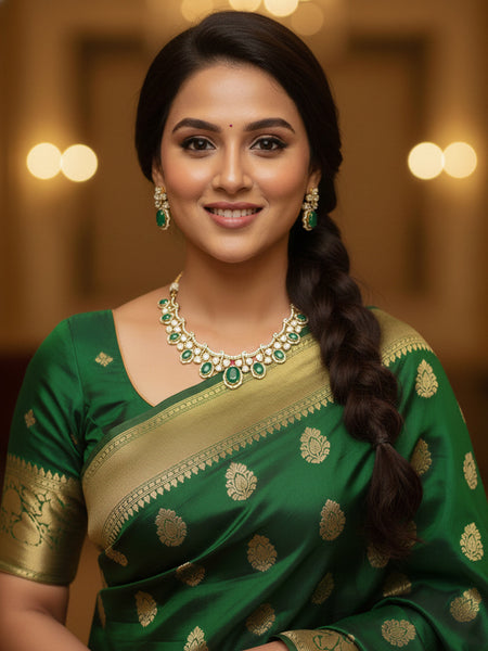 Emerald Green Victorian Polki Necklace Set with CZ Detailing