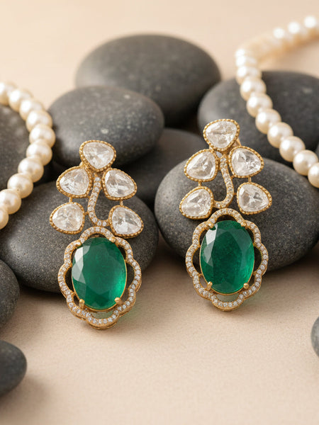 Emerald Green Victorian Polki Necklace Set with CZ Detailing
