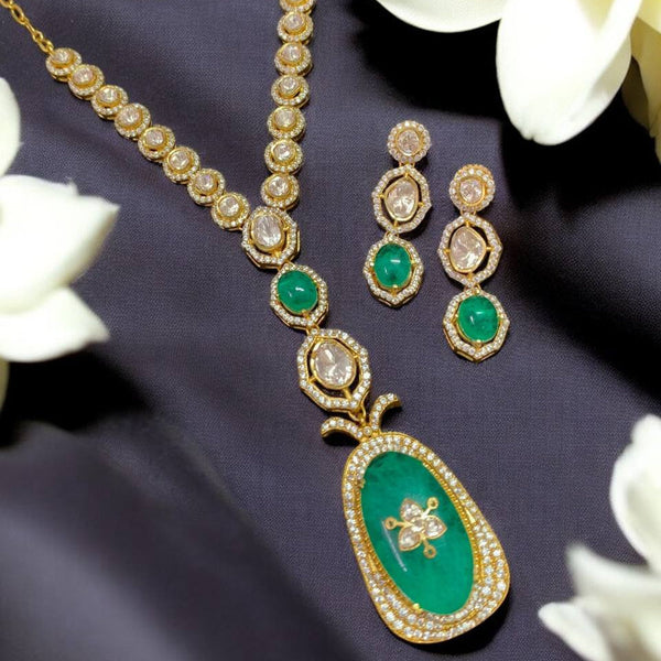 Luxury Emerald Drop Necklace Set with Polki Stones