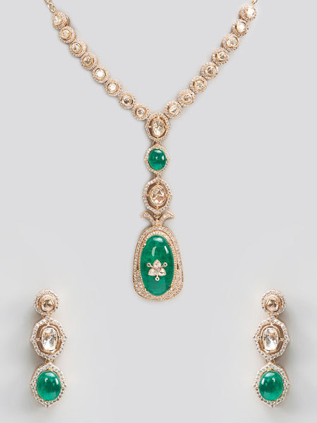 Luxury Emerald Drop Necklace Set with Polki Stones