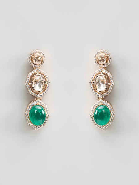 Luxury Emerald Drop Necklace Set with Polki Stones
