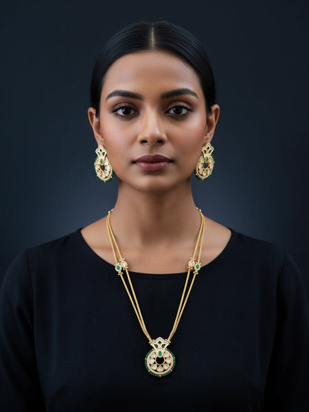 Handcrafted Polki Delicate Brass Necklace Set with Golden Plating